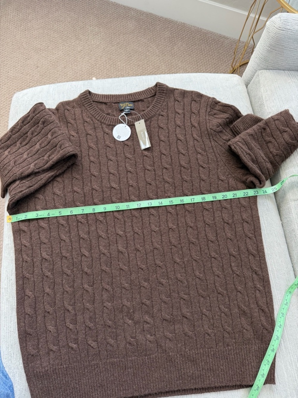 J.Crew 100% Cashmere Cable-Knit Crewneck Sweater Brown Men’s Size L NWT Repaired - Picture 4 of 10